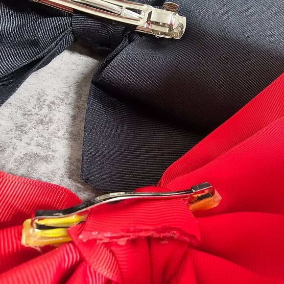 Vintage Oversized Hair Bows - Red & Black Satin Clip-On Accessories 8", 10" - Picture 3 of 6